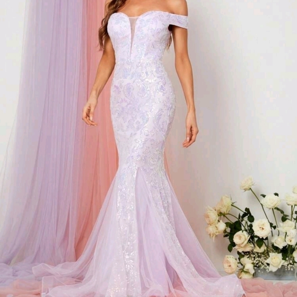 Mauve/Purple, Contrast Sequin and Contrast Mesh Mermaid Maxi Formal Gown - Picture 4 of 8